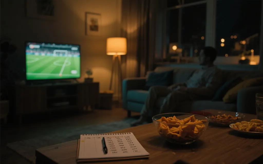 深夜客厅观赛：柔和灯光、零食与赛程笔记的氛围图